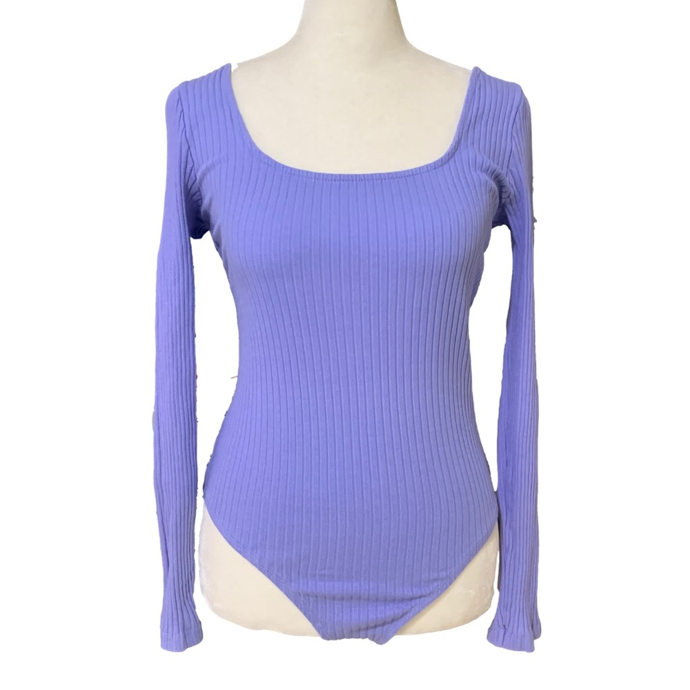 Zara Lavender Ribbed Square Neck Long Sleeve Snap Button Casual Bodysuit
